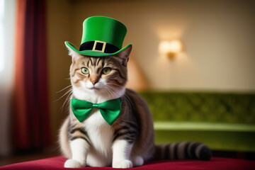 St. Patrick's day celebration. Cute cat with leprechaun hat.St. Patrick's Day. kitty in a leprechaun hat indoors. St Patricks day red cat dog sitting down with green top hat - obrazy, fototapety, plakaty