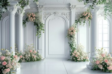 modern wedding backdrop with white color walls and vivid details. wedding backdrop front view environment 