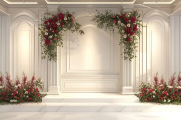 Fototapeta na wymiar modern wedding backdrop with white color walls and vivid details. wedding backdrop front view environment 