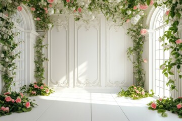 Fototapeta premium modern wedding backdrop with white color walls and vivid details. wedding backdrop front view environment 