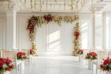 modern wedding backdrop with white color walls and vivid details. wedding backdrop front view environment 