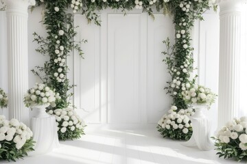 Fototapeta na wymiar modern wedding backdrop with white color walls and vivid details. wedding backdrop front view environment 