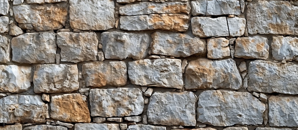 Poster a detailed view of a rectangular stone wall made of bedrock bricks, a composite material commonly us