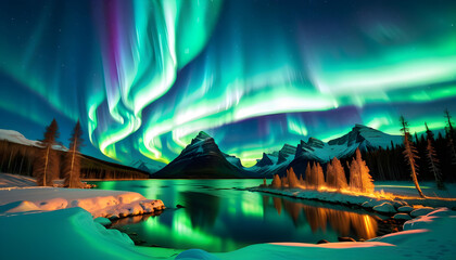 Aurora Borealis, Northern Lights, Nature, Sky, Night, Astronomy, Phenomenon, Aurora, Polar, Light Show, Celestial, Spectacular, Beauty, Atmospheric, Green, AI Generated.