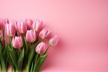 Beautiful aerial shot of colorful tulips on a soft pink background with ample space for text.