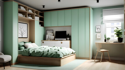 Chic Studio Retreat: Built-In Storage Solutions in Mint Green, Alpine White, and Natural Oak Wood for Space Maximization
