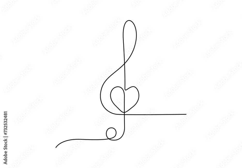 Poster one continuous line drawing of treble clef. isolated on white background vector illustration. pro ve