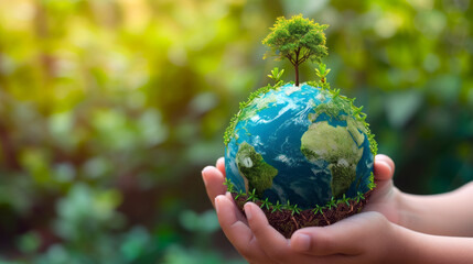 Ecological Concept with a Green Globe in Hands, Hands holding a green globe with a tree growing on top, symbolizing environmental conservation and sustainability.