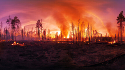 Fototapeta premium Forest Wildfire at Twilight, Panoramic view of a devastating forest wildfire at dusk, with flames and smoke rising into the twilight sky.