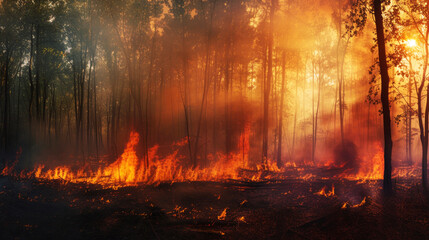 Forest Wildfire at Twilight, Panoramic view of a devastating forest wildfire at dusk, with flames and smoke rising into the twilight sky.