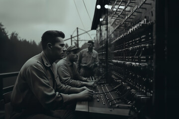 Fototapeta na wymiar A military team uses a control panel and equipment in a laboratory in the forest, in the style of a photo reportage