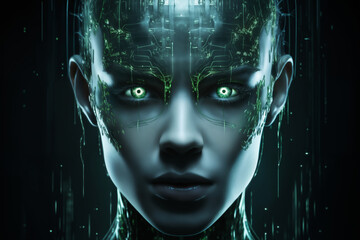 portrait of a woman with a holographic texture on her head, dark background with glow, cyber art, digital future concept