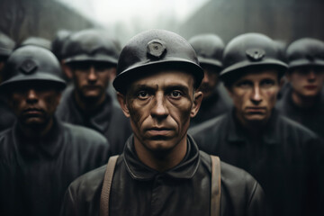 a character portrait of a group of workers or miners in helmets and work clothes standing together, a gloomy industrial environment