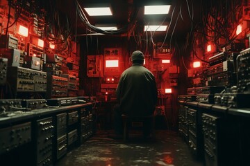 a person in a dark room controls computer devices for computing and information processing, video surveillance and hacking