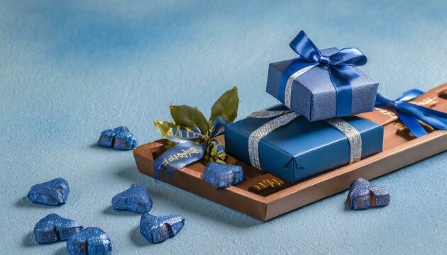 青いギフトボックスと金のチョコレート