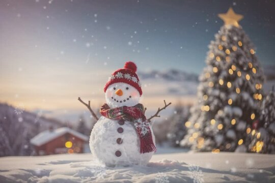 Snowman Standing in Snow in Front of Christmas Tree
