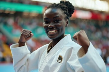 An African Karate woman in stage celebrating her success, Generative AI.