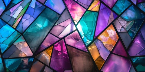 An abstract mosaic of stained glass panels in a kaleidoscope of vibrant colors, creating a visually striking pattern