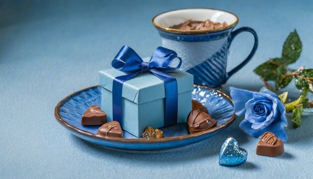 青いギフトボックスとチョコレート