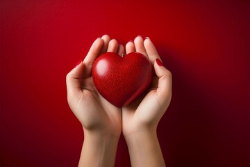 Heartfelt gesture Female hand presents red heart on red backdrop