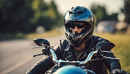 close-up of a biker on motorcycle, biker riding a bike, biker with helmet