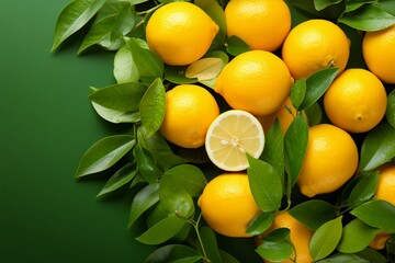 Citrus freshness Lemons and oranges with leaves on green backdrop