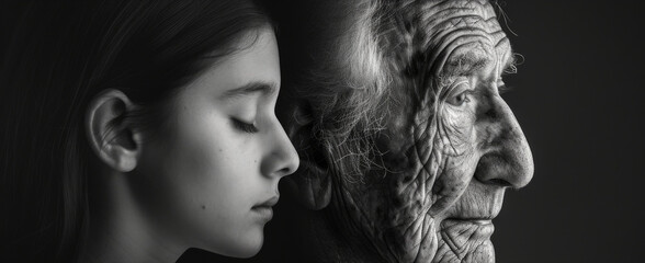 A black and white portrait capturing a poignant moment between a young girl and an elderly woman, symbolizing the circle of life