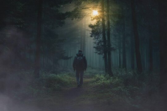 A Man Walking Through a Forest at Night