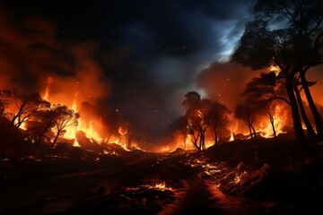 Obraz na płótnie Canvas Fiery night Mountains ablaze with a wildfire under the night sky