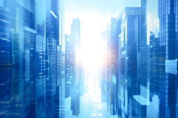 Modern skyscrapers of a smart city, futuristic financial district, graphic perspective of buildings and reflections - Architectural blue background for corporate and business brochure template