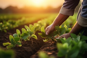 Fototapeta premium Agronomist inspecting soybean crops in farm field for agriculture production concept