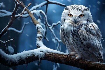 Winter majesty Snowy owl perched on a branch in the forest