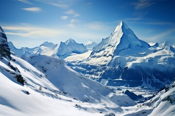 Fototapeta na wymiar Mountain serenity Breathtaking panoramic scene featuring snow covered peaks