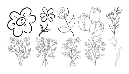 Set of hand drawn botanical flowers line art vector. Collection of foliage, leaf branches, floral, flowers, roses, and line art.
