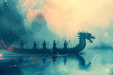 Rowing dragon boats during Duanwu - obrazy, fototapety, plakaty