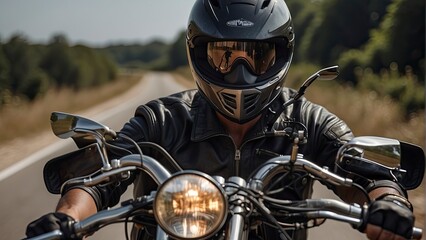 Fototapeta na wymiar close-up of a biker on motorcycle, biker riding a bike, biker with helmet