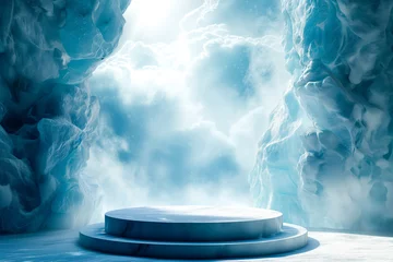 Fotobehang Ice background podium cold winter snow product platform floor frozen mountain iceberg. Podium glacier cool ice background stage landscape display icy stand 3d water nature pedestal arctic concept cave © Mayava