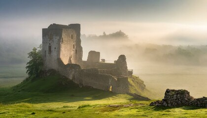 Misty Morning Light: Casting Over Ancient Castle Ruins"