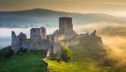 Fototapeta premium Misty Morning Light: Casting Over Ancient Castle Ruins