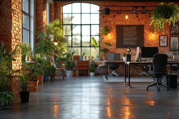 Isolated creative office area with plants and morning sunlight and a space, Generative AI.