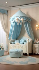 The aristocratic interior of a children's room with a baby bed in blue and white colors.