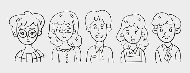 Portraits of different people. Set of cheerful characters men and women of different races. Hand drawn doodle linear isolated vector illustration.