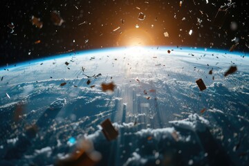 Lots of trash over planet earth a concept of space trash with space, Generative AI.
