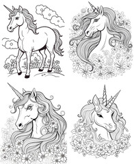 set of horses Vector illustration of a cute animal square coloring book page for children. Featuring a simple, funny kid's drawing with bold black lines sketched on a crisp white background.