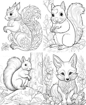 squirrel with nuts Vector illustration of a cute animal square coloring book page for children. Featuring a simple, funny kid's drawing with bold black lines sketched on a crisp white background.
