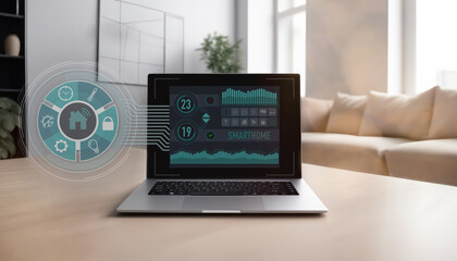 Smart home technology. Computer controls devices connected on wi-fi network. Laptop applications.