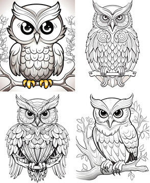 set of owls on a branch Vector illustration of a cute animal square coloring book page for children. Featuring a simple, funny kid's drawing with bold black lines sketched on a crisp white background.