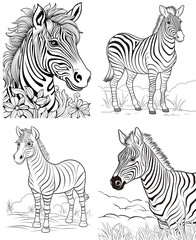 zebra vector illustration Vector illustration of a cute animal square coloring book page for children. Featuring a simple, funny kid's drawing with bold black lines sketched on a crisp white backgroun