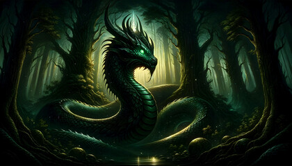 illustration of the mythological creature, the Basilisk, in a mystical forest setting
