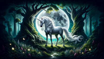 illustration of the mythological unicorn in a magical forest setting